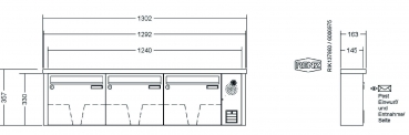RENZ Briefkastenanlage Aufputz Tetro Kastenformat 370x330x145mm, mit Klingel - & Lichttaster und Vorbereitung Gegensprechanlage, 3-teilig